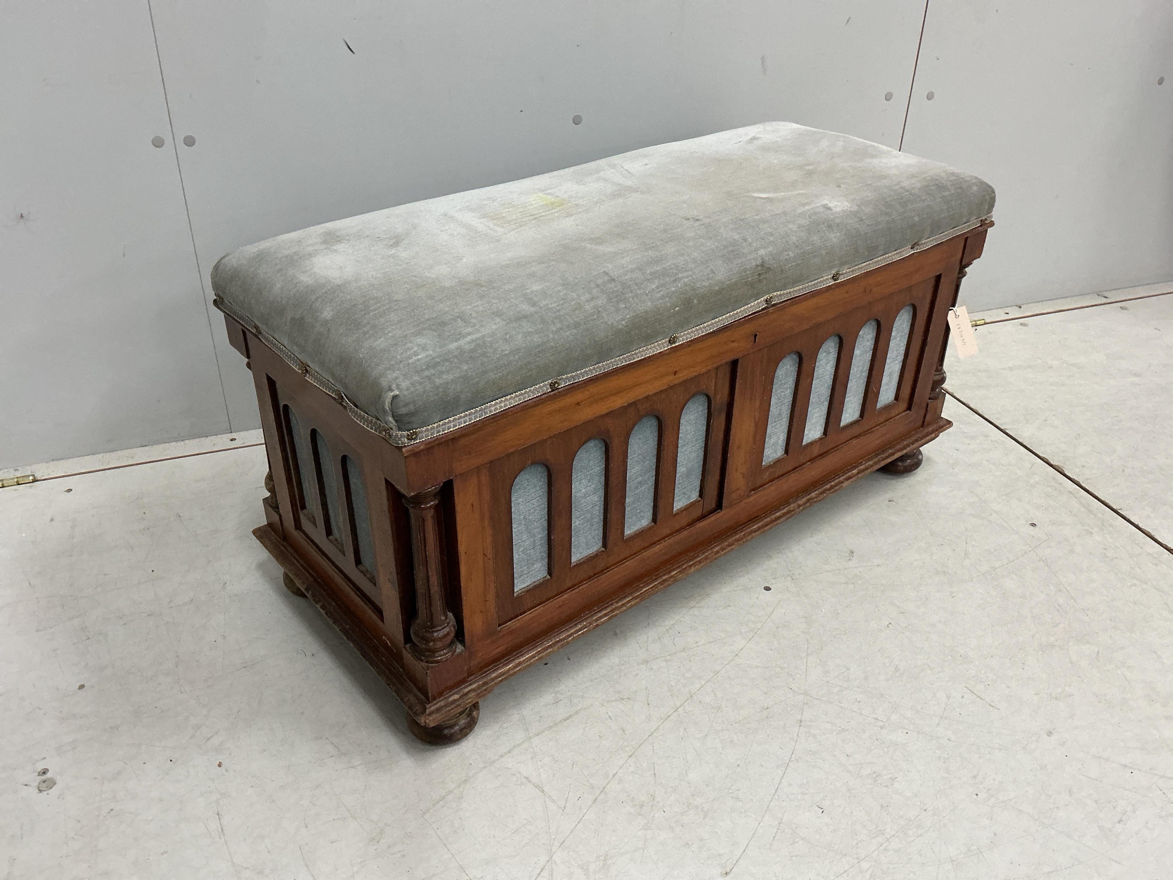 A Victorian mahogany upholstered ottoman, width 94cm, depth 41cm, height 46cm